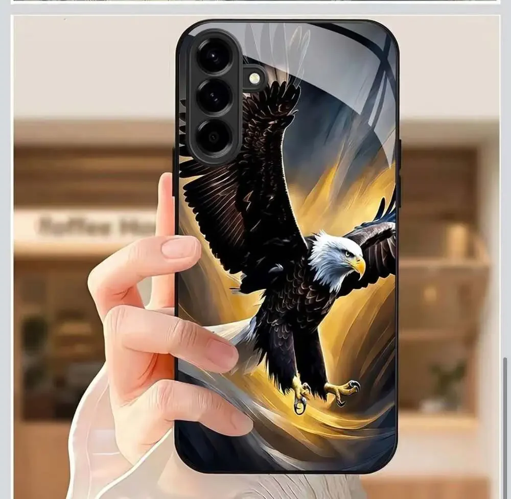 Eagle Tempered Glass Phone Case with Golden Lightning Wings Design